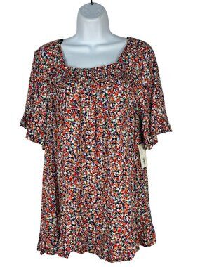 Destination Maternity Womens M Smocked Floral Top Flutter Sleeve Lightweight